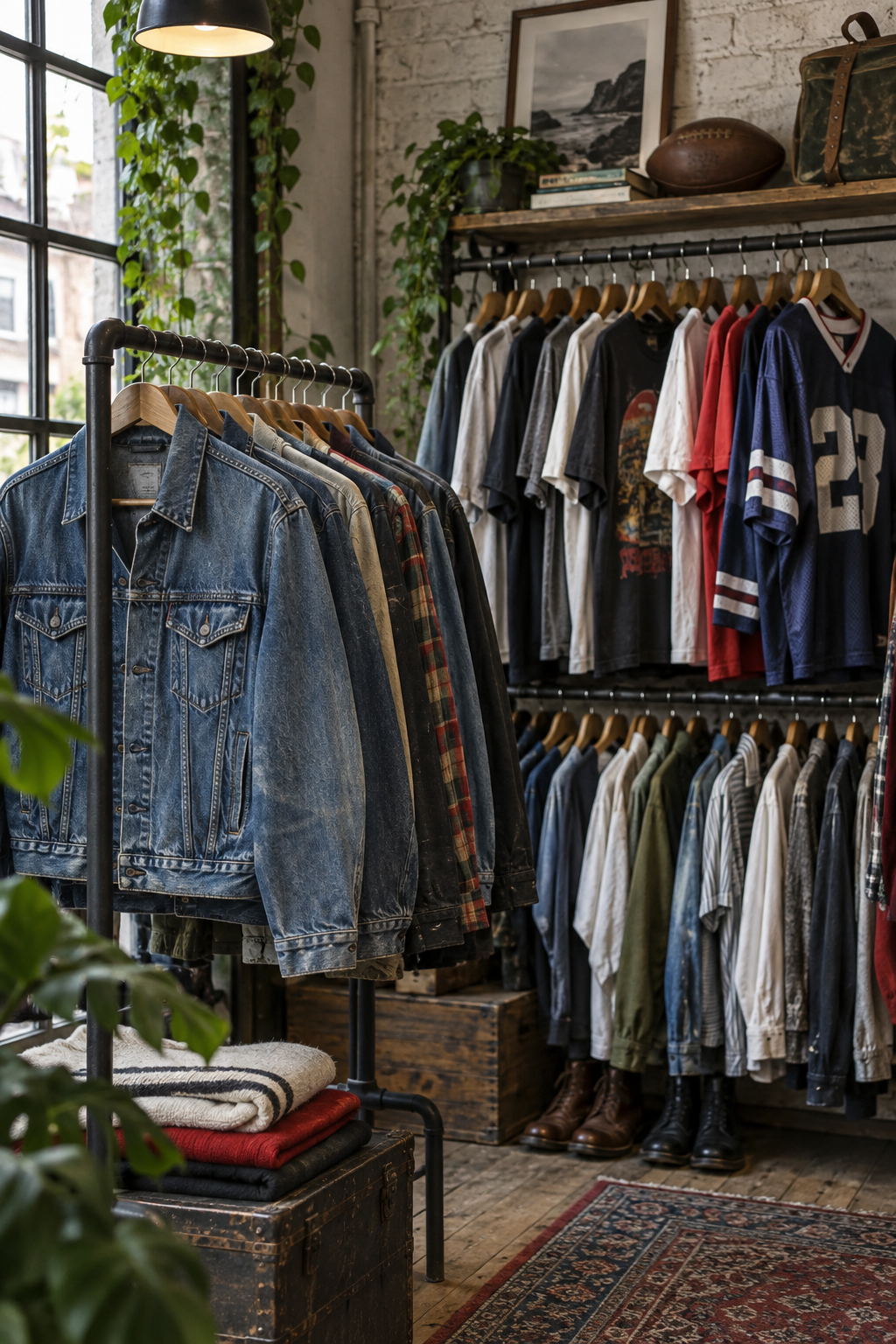 Editorial image of vintage denim jackets, tees and sportswear on clothing rails